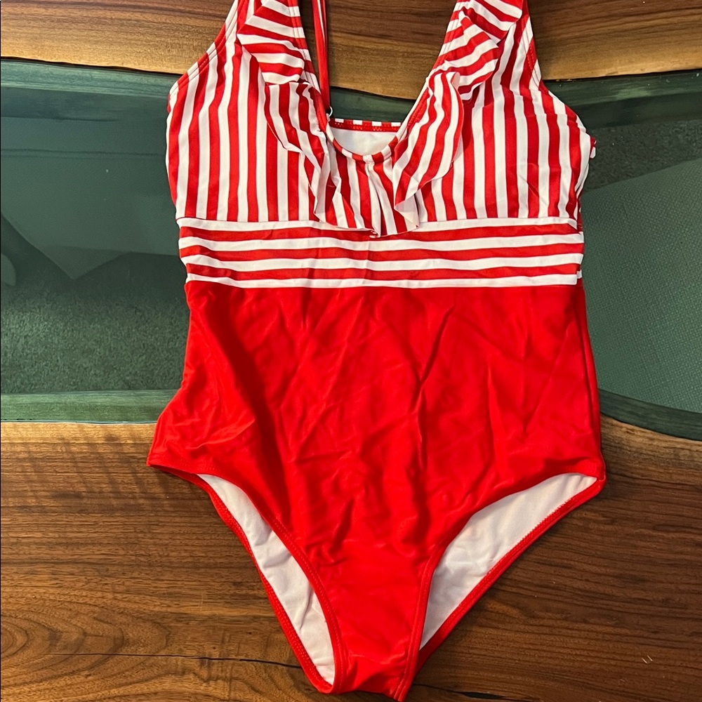 Women Red Striped One-Piece Swimsuit